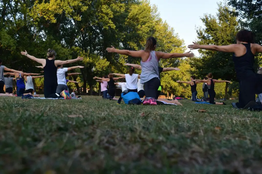 Group of adults practicing yoga outdoors in a park surrounded by trees.